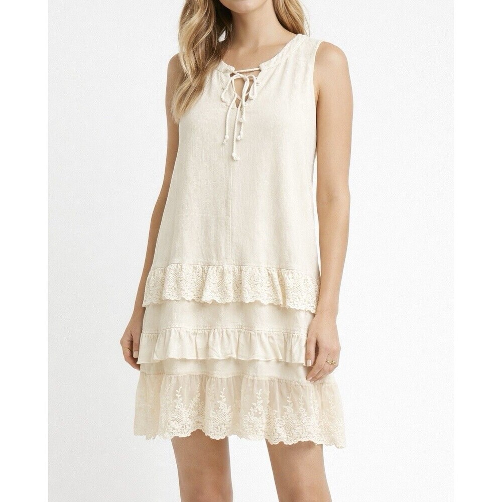 Entro Cream Lace Hem Tiered Ruffle Boho Mini Dress Size Small Romantic Fairy
